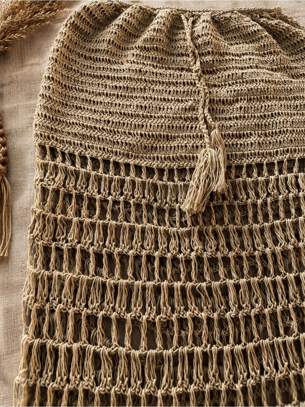New Handmade Crochet Set, Fringe Midi Skirt and Top - Tan - Picture 5 of 5
